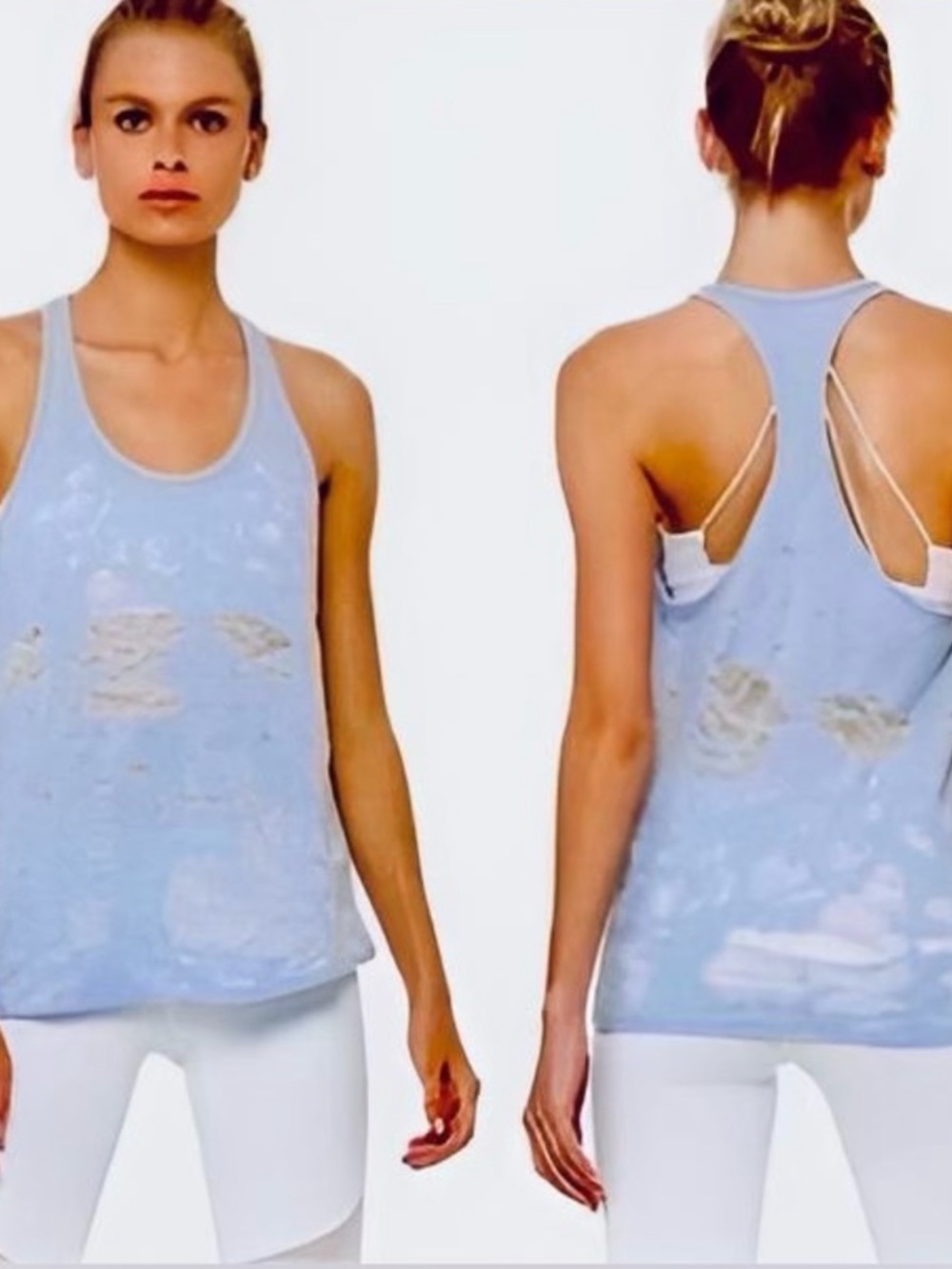 ALO Distressed Pure Yoga Tank Light Blue Racerback Distressed Sleeveless Top